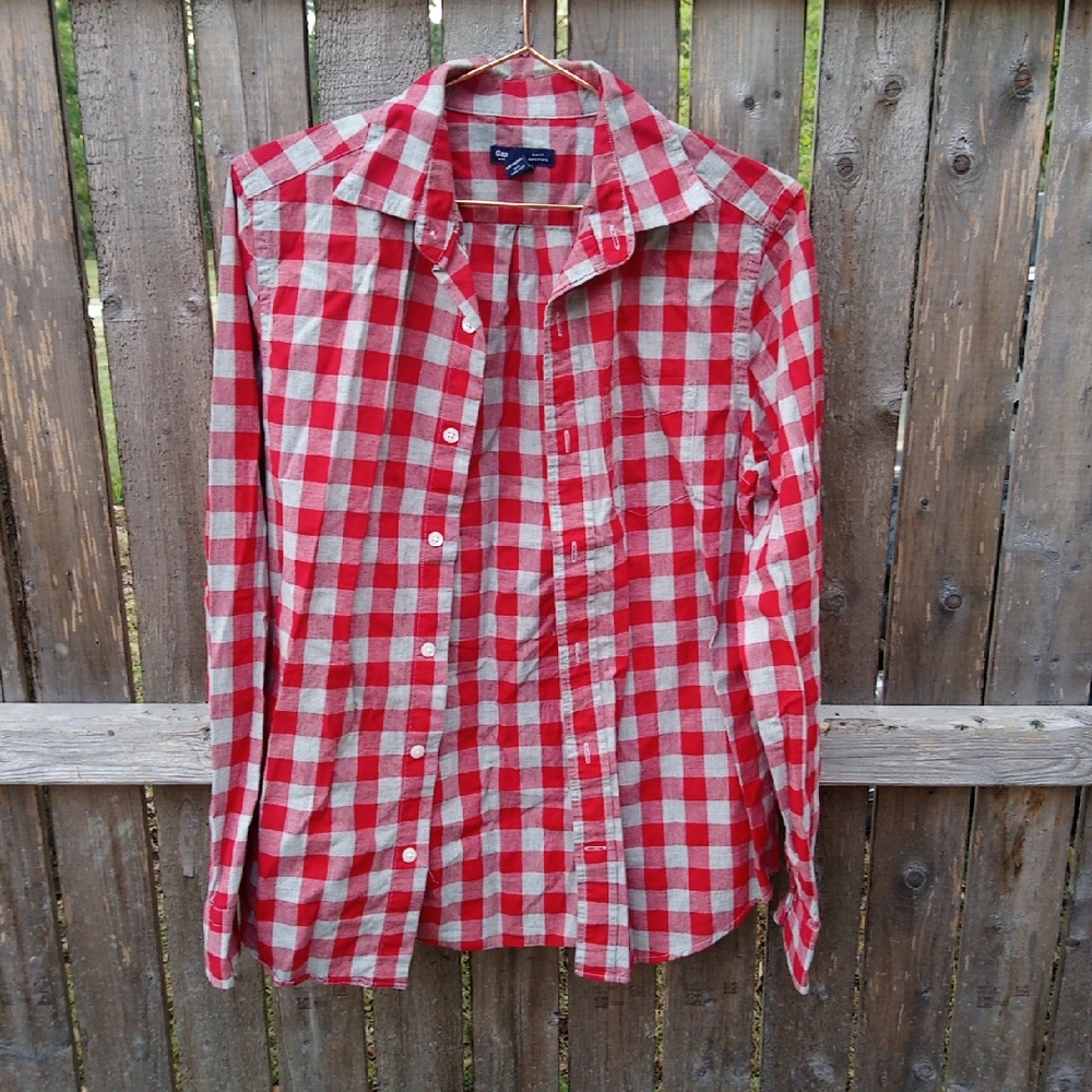 Gap Gray Red Checkered Long Sleeve Button Down Sh… - image 3